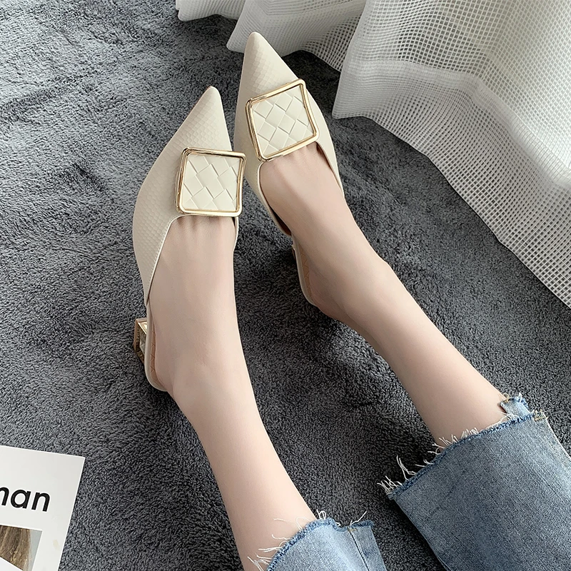 

Women Slippers Autumn High Heel Shoes Pointed Toe Female Slides Woman Outdoor Buckle Chain Shoe Flip Flops Pantuflas De Mujer