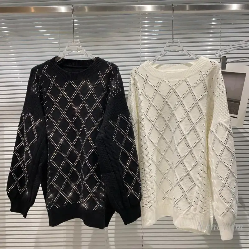 

2021 Autumn New Diamond Lattice Rhinestone Sweater Women Hot Drilling Round Neck Pullover Keep Warm Knitted Jumper Femme