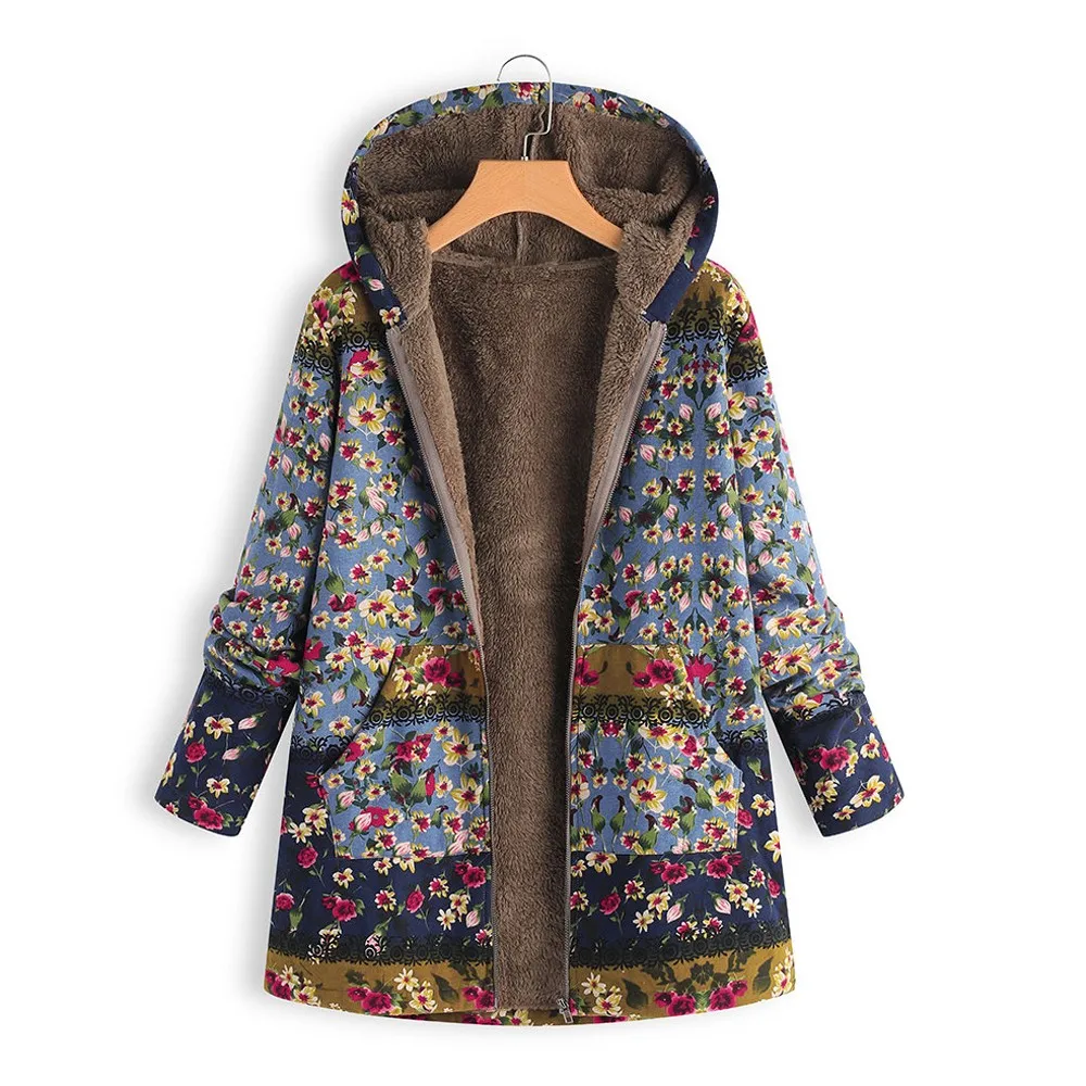 

Womens Winter Warm Outwear Floral Print Hooded Pockets Vintage Oversize Coats