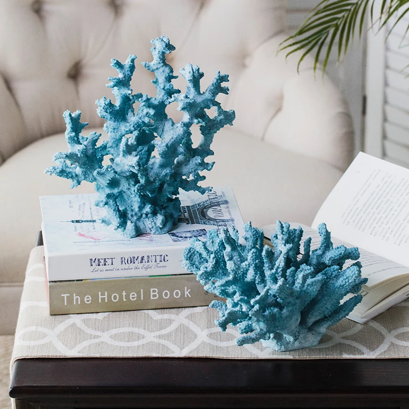 

Mediterranean Blue Coral Sculpture Figurine Ornaments Plant Office Home Decoration Accessories Modern Art Resin Decor Craft Gift