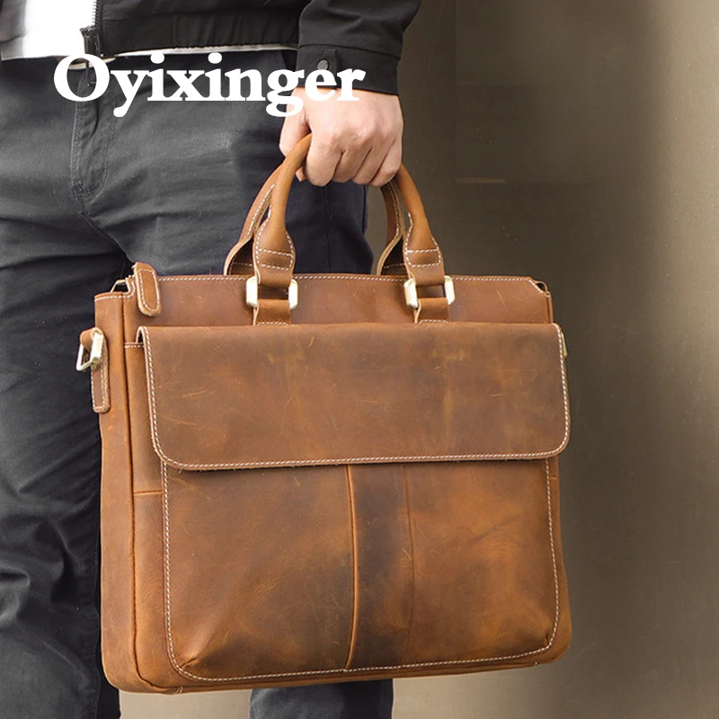 OYIXINGER Retro Leather Men's Business Briefcase For 14inch Laptop Vintage Computer Bag New Male Cowhide Messenger Bag Handbag