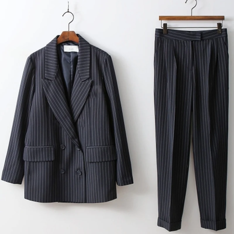 Женский офисный костюм двубортный блейзер в полоску и брючные костюмы высокое