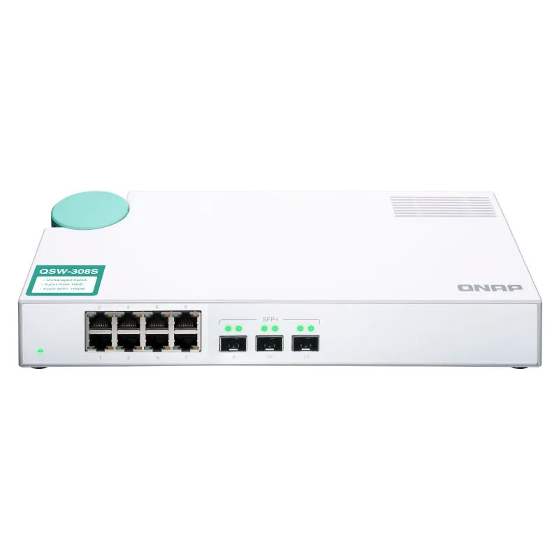 

QNAP QSW-308S 10GbE Switch, with 3-Port 10G SFP+ (One 10GbE SFP+/RJ45 Combo Port) and 11-Port 5-bay NAS Gigabit Unmanaged Switch