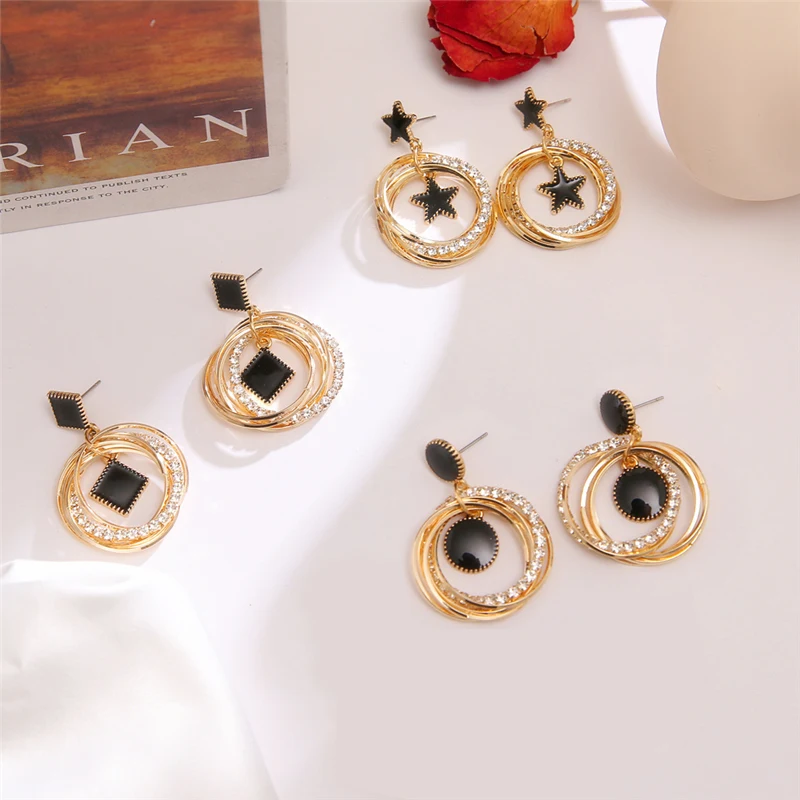 Модные Золотые круглые серьги с кристаллами для женщин Простые Черные