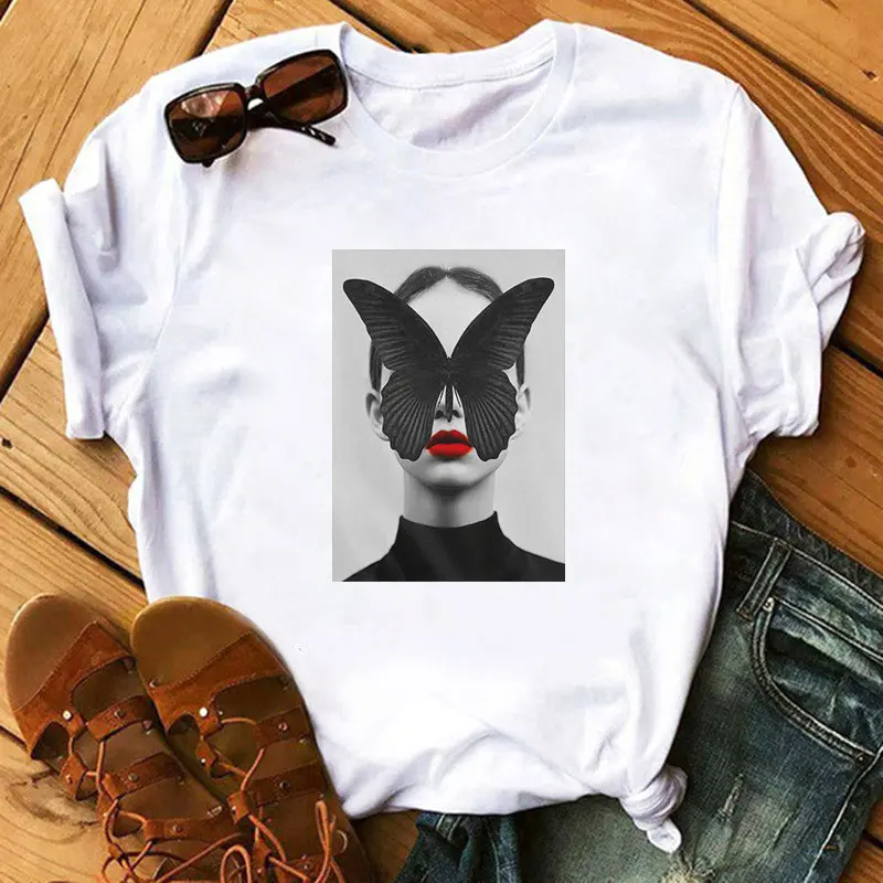 

Summer Women's T-shirt Modernism Sexy Lady Feather Butterfly T-shirt Top Lady Tee Clothes Korean Aesthetic Short Sleeve