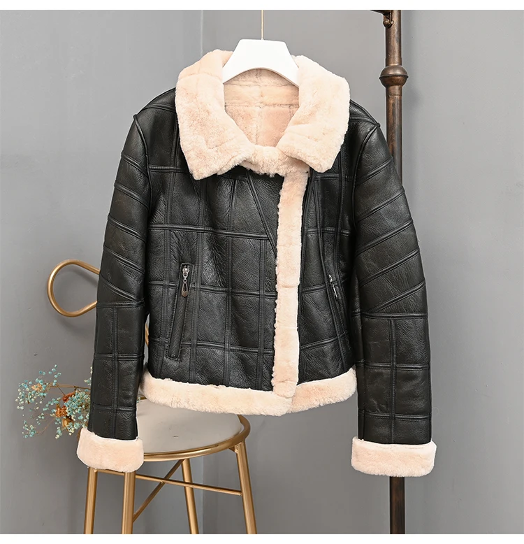 Abrigo mujer natural real sheep fur coat women clothes moto& Biker genuine leather jacket Double-faced Fur sheepskin coat