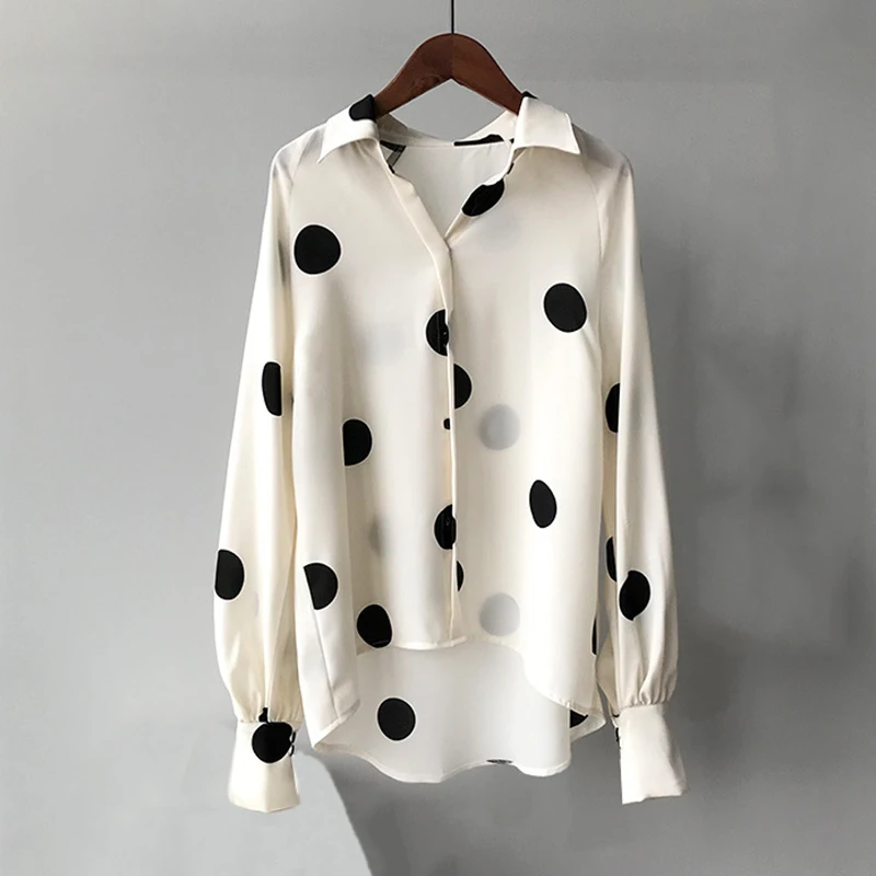 

2020 Весенняя винтажная шифоновая рубашка в горошек, Женская свободная Корейская блузка с длинным рукавом, женские блузки в повседневном сти...