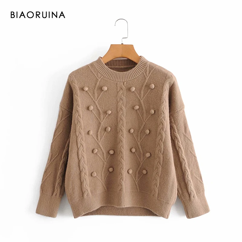 

BIAORUINA Women's Khaki Flocking Branch Winding Knitted Pullover Round Neck Female Casual All-match Loose Sweater One Size