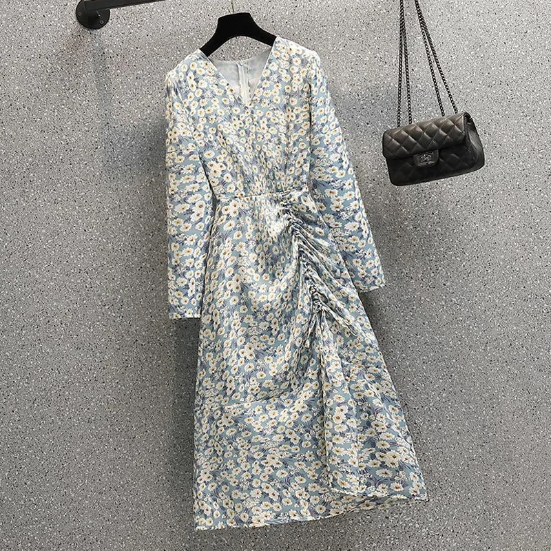 

2022 Spring Midi Long Dress Elegant Daisy Printed Pleated Dress Chic V Neck Long Sleeve A-Line Slim Casual France Party Vestidos