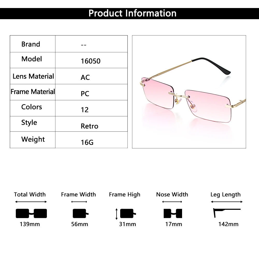 

Women Men Fashion Rectangle Rimless UV400 Sunglasses Square Retro Gradient Eyewear For Daily Wear Street Wear Accessories
