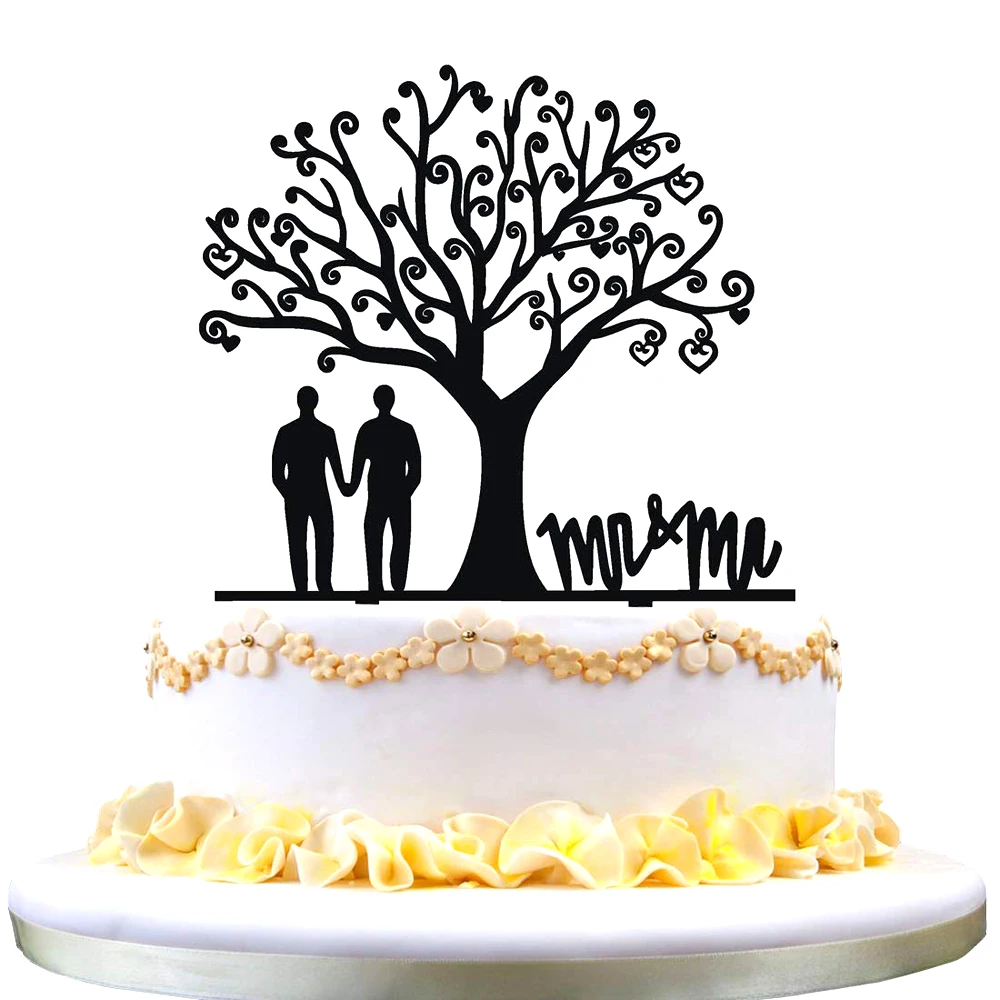 

Mr & Mr Black Acrylic Cake Topper Gay Couple Under Tree Acrylic Wedding Coming out Party Decoration Favor Surprise supplies