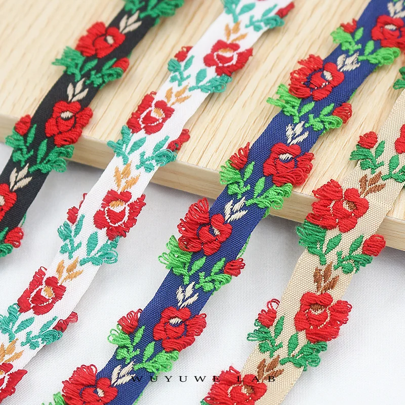 

10M Colorful Classical National Jacquard Rose Flower Lace Embroidery Ribbon Weaving Stage Webbing DIY Apparel Accessories 2cm