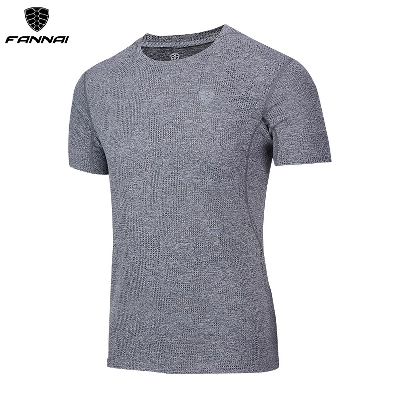 FN040Gray FANNAI Мужская футболка, спортивные топы, футболки, быстросохнущая футболка для фитнеса, спортзала, мужские футболки для бега, Майки с коротким рукавом, спортивная одежда для тренировок - Цвет: FN040Gray