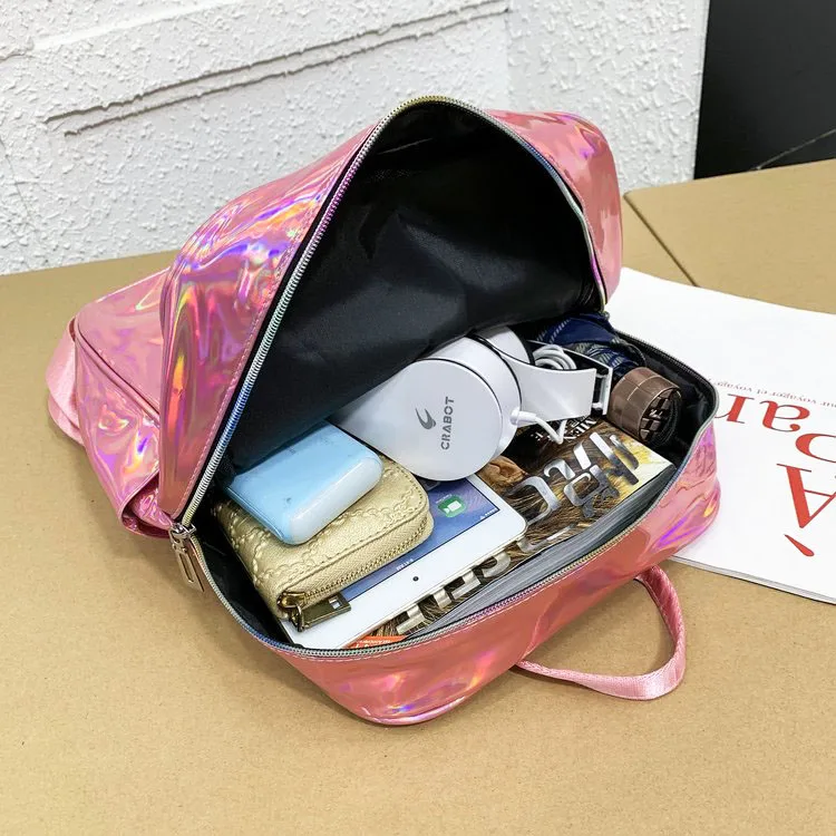 

Holographic Backpack Female Leather Large Mirror Reflective Laser Cute Pony Girls Teenagers School Bag College Shining Bagpack