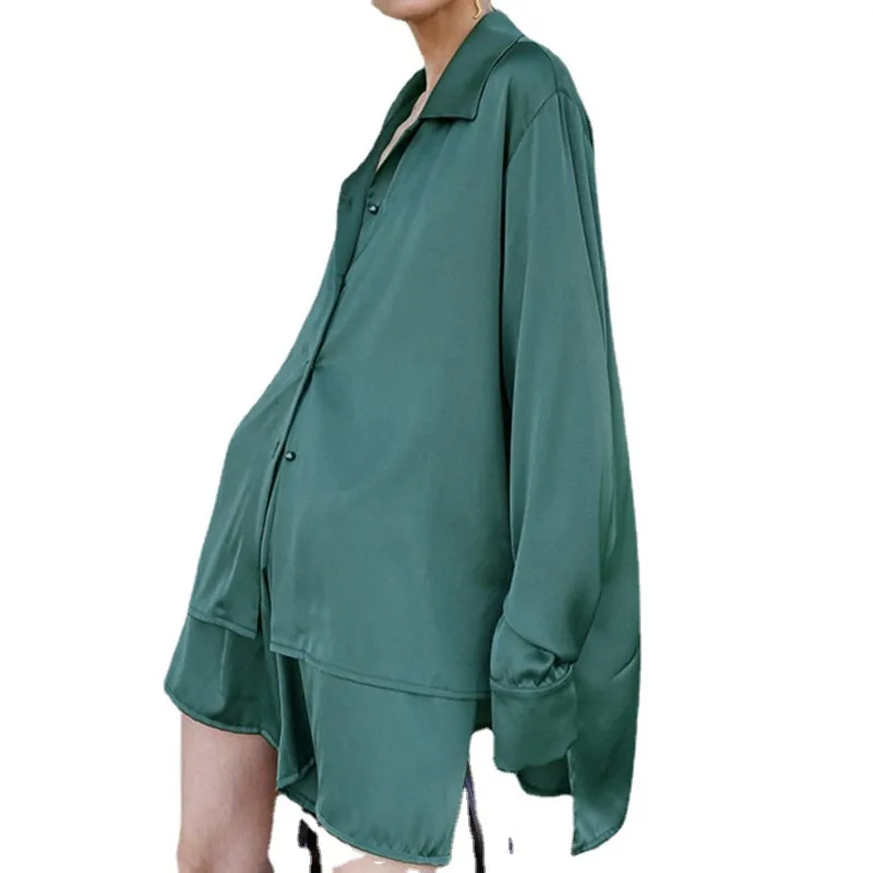 

DEAT 2021 New Summer autumn Fashion Solid Color Satin Shirt Lapel Long Sleeve Button Wide Leg Pants Two Piece Set Women SL190