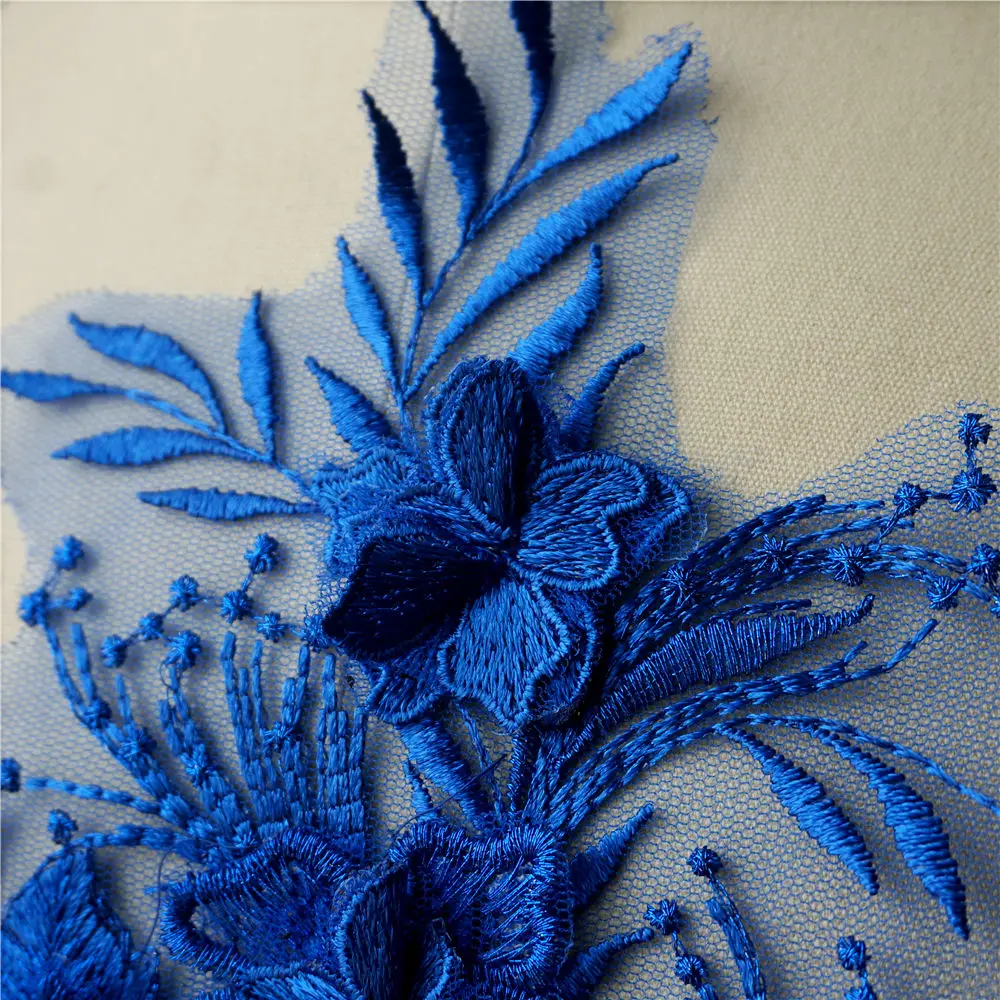 Ярко голубая кружевная ткань 3D Цветочная кисточка вышитый воротник сетчатая