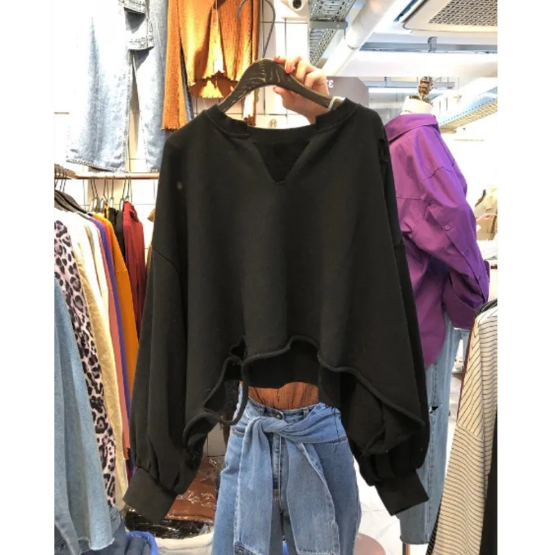 

New V-Neck Short Sweatshirt Women Autumn Thin Solid Color Casual Loose Pullover Harajuku Sexy Streetwear Female Sweatshirt