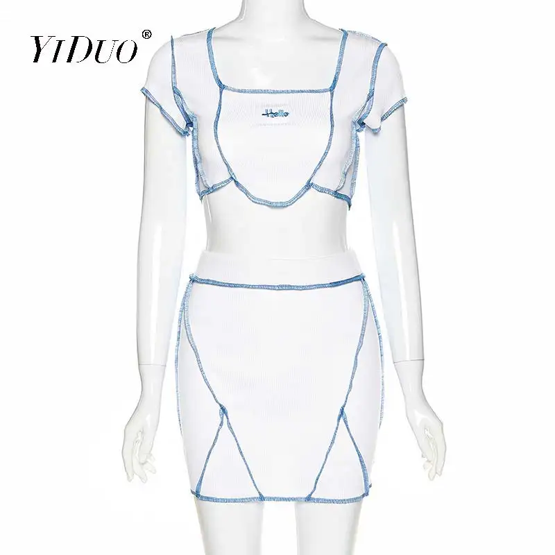 

YiDuo Embroidery Knitting Crop Top And Mini Skirt Two Pieces Sets Women High Street Outfits 2020 Sexy Summer Pink White Clubwear