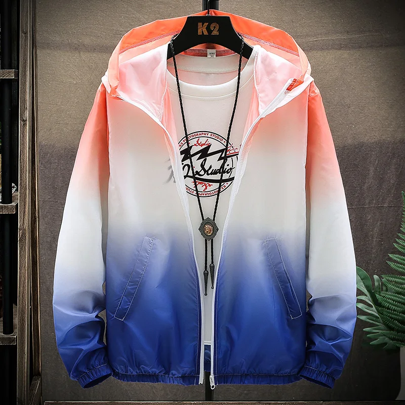 

2021 Men's Handsome Summer Casual Breathable Gradient Color Jacket Hooded Trend Thin Slim Sun Protection Jacket