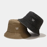 fashion crown embroidery bucket hats for women solid color washed denim fisherman hat hip hop bob cap panama bucket caps for men