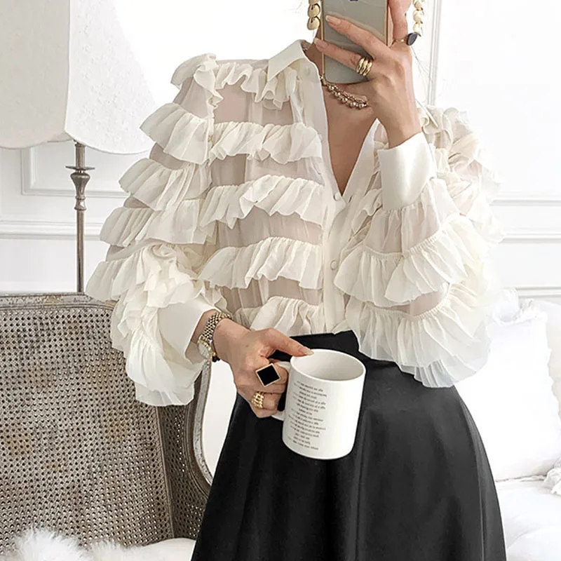 Новая весенняя Корейская Блузка с оборками женские модные топы отложным