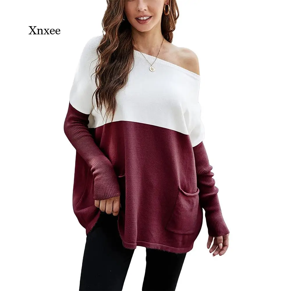 

Рубашки с длинным рукавом, новинка 2021, Женский вязаный пуловер свободного кроя, топ, Женский Повседневный Топ с цветными блоками и круглым вырезом, весна-осень, Blous