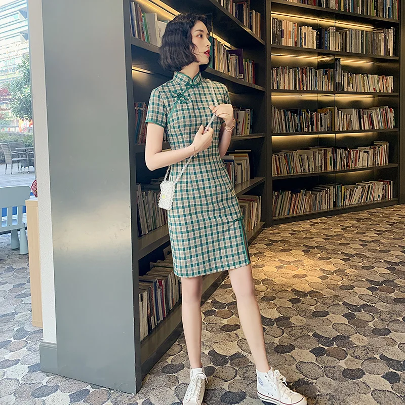 Клетчатый чонсам Новинка весна-лето 2020 короткое Платье из хлопка и льна для