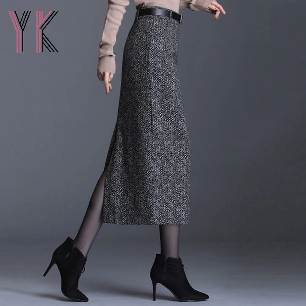 

Stripe Vintage Back Slit Wool Blend Midi Skirts Elegant Korean Slim Autumn Winter Women 2021 Sukienka High Waist Aesthetic Saia