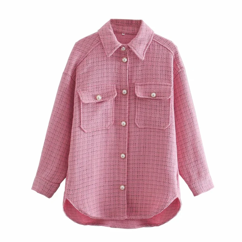 

Tweed Women Pearl Button Shirts 2021 Spring Fashion Ladies Oversize Thick Shirt Streetwear Female Outfits Cute Girls Chic Shirts