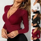 Женская сексуальная модная блузка, повседневная однотонная трикотажная Праздничная рубашка с V-образным вырезом, топы, винтажные Blusas Mujer De Moda 2021