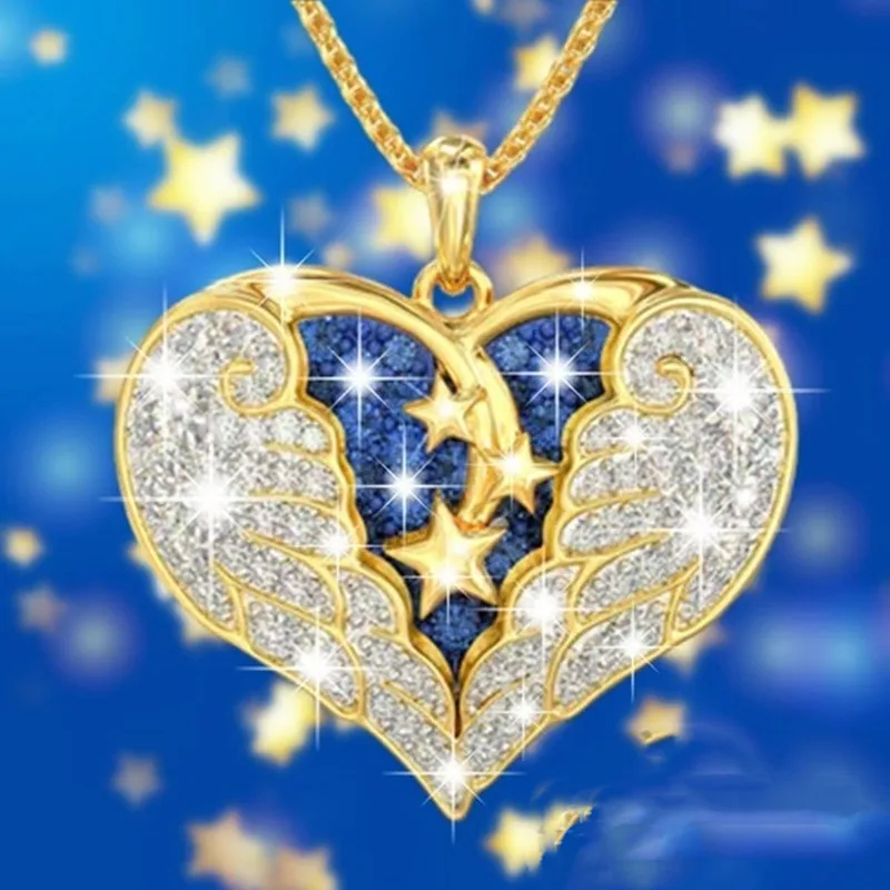 

2021 New Angel Wing Women's Pendant Necklace Vintage Metal Golden Starry Sky Lettering Heart Pendant Jewelry Party Accessories