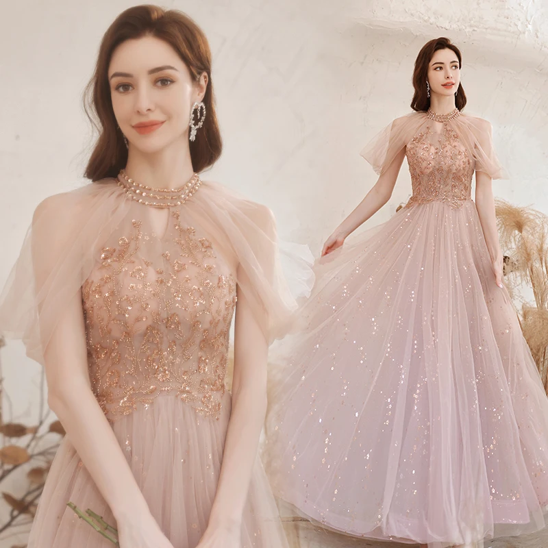 

Temperament Pink Beaded Bridal Lace Party Bridesmaid Birthday Evening Dress Plus Size Dresses for Women