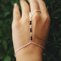 gold silver color finger bracelet for women wrist chain jewelry fashion hand back chain bracelet black beads arm link ornaments