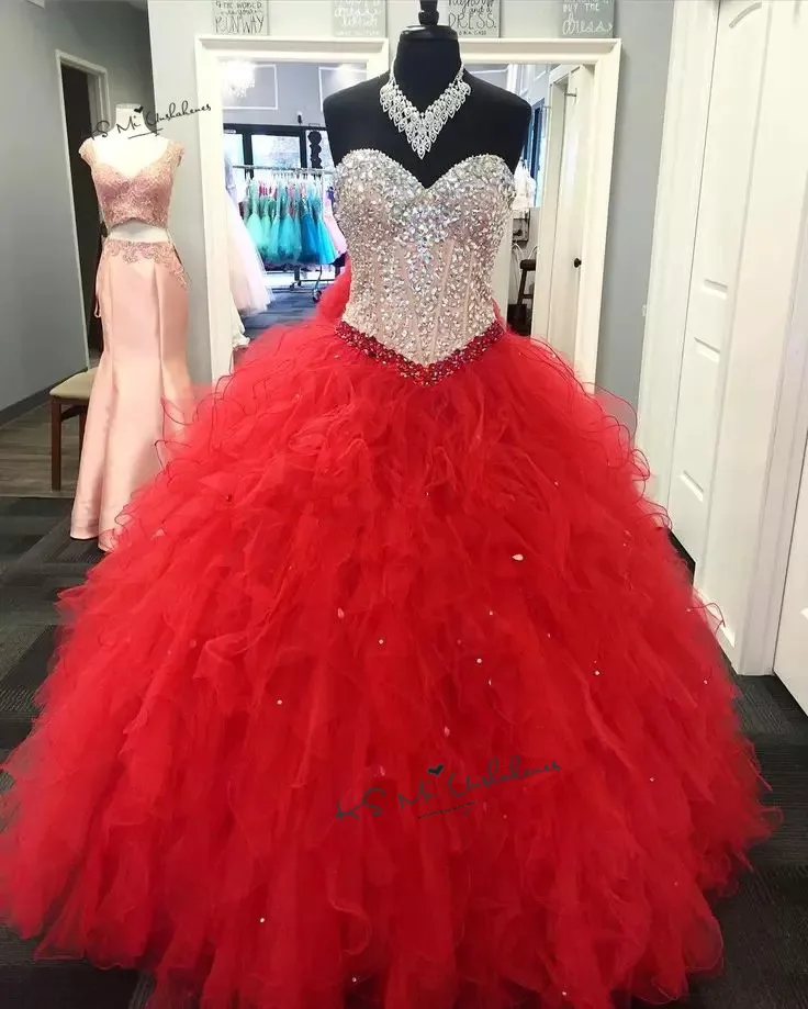 Милое красное платье для Quinceanera 16 дюймов 2020 милое бальное с бисером и оборками на