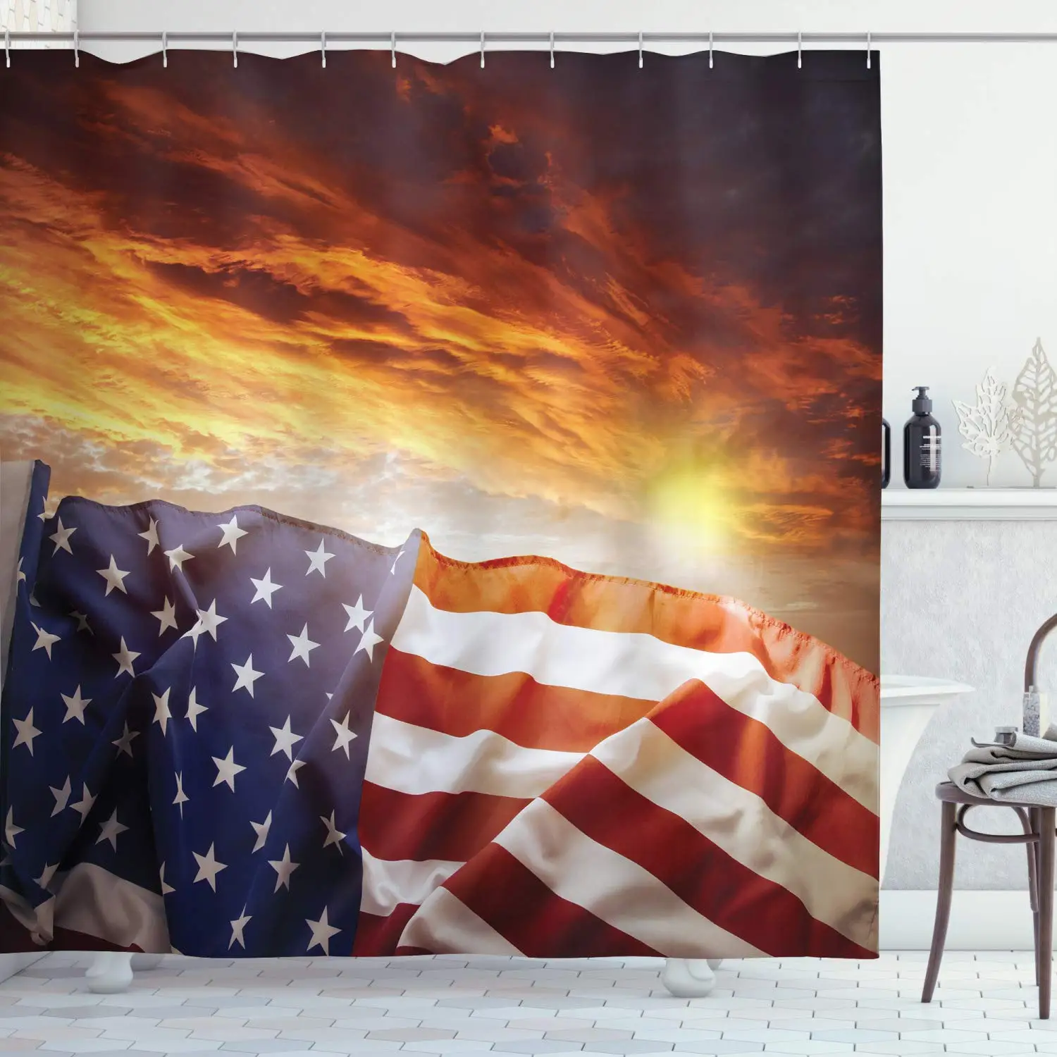 

American Flag Shower Curtain Flag In Front Of Sunset Sky With America Union Idyllic Cloth Fabric Bathroom Decor Set With Hooks