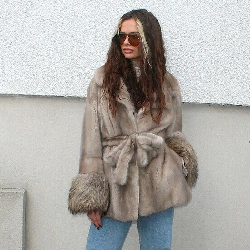 Женская Шуба из натурального меха норки пальто средней длины с отложным