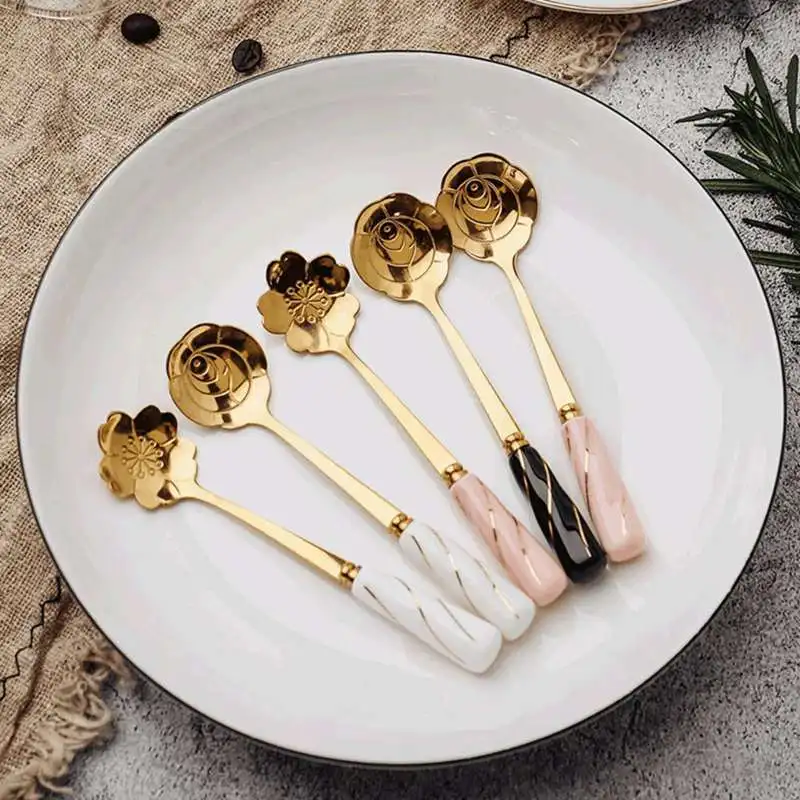 

Vintage Stainless Steel Golden Cherry Coffee Spoon Afternoon Tea Dessert Latte Spoon Snacks Fruit Fork Kitchen Tool Teaspoon