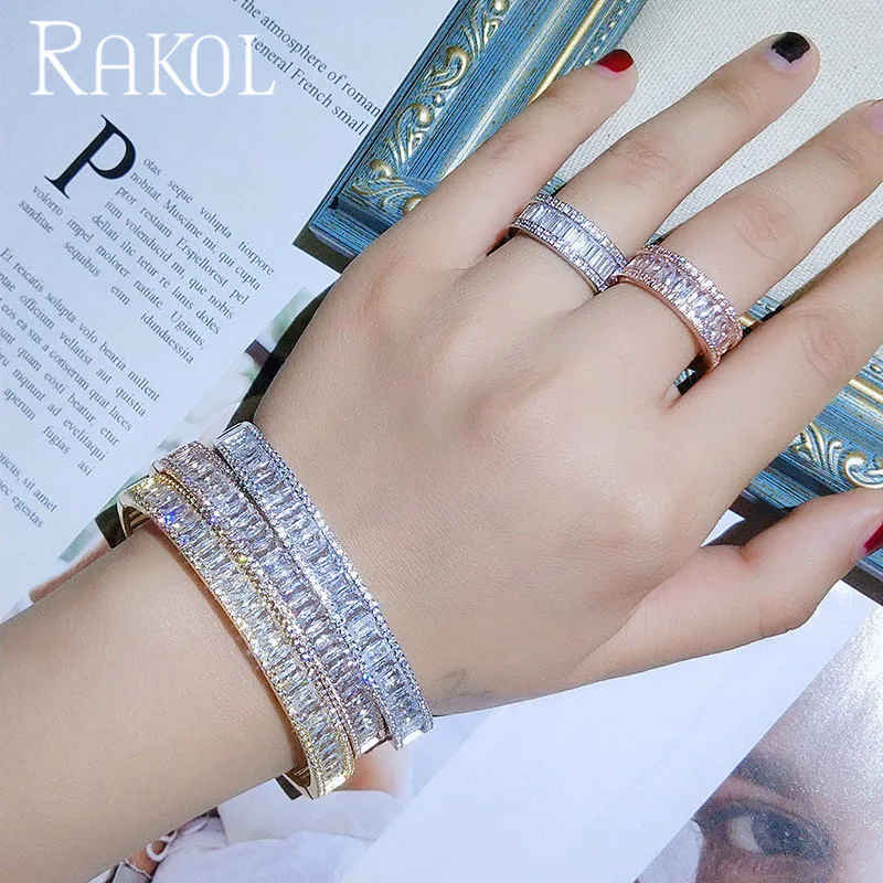 Роскошный браслет и кольца RAKOL с гладким кубическим цирконием комплект ювелирных