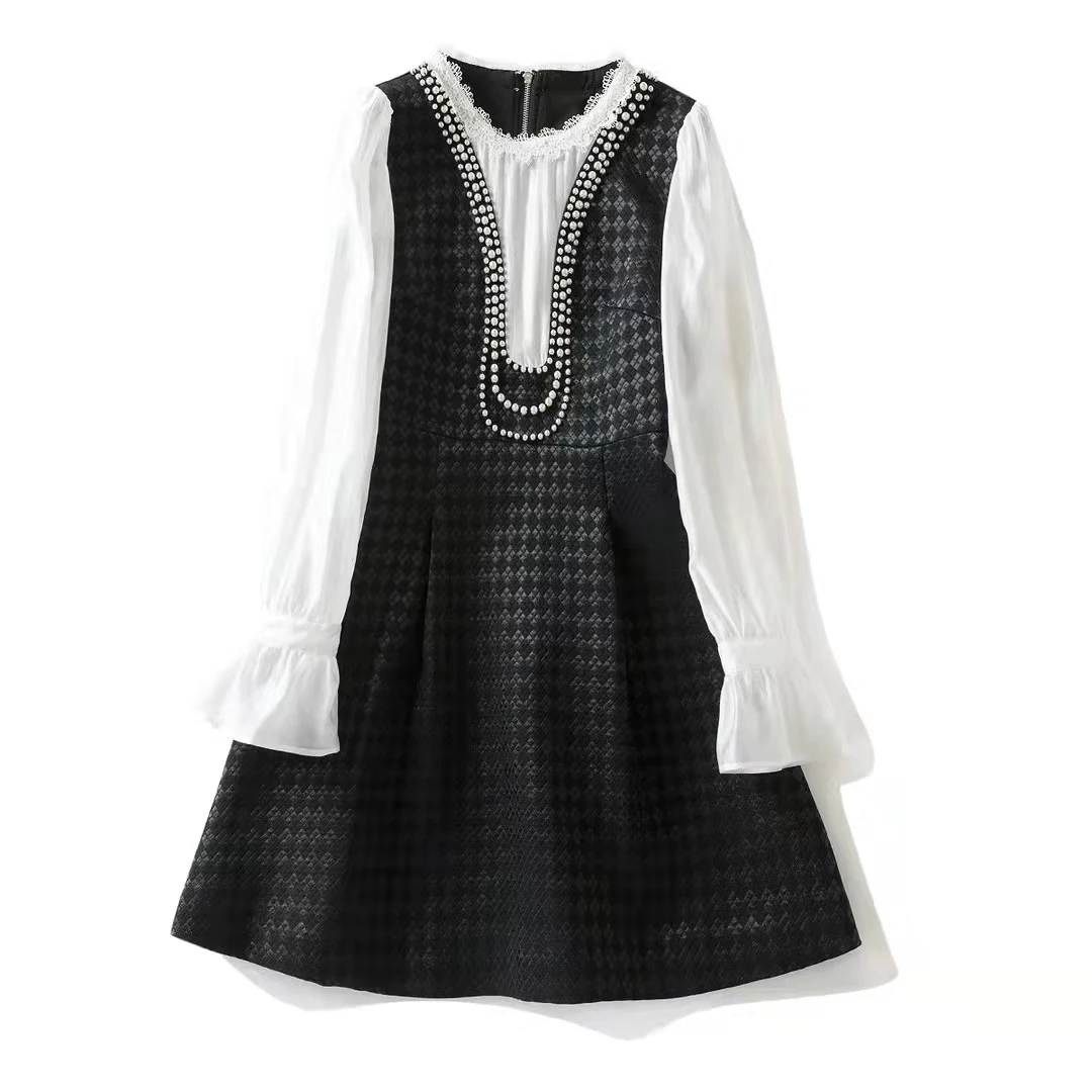 European and American women's clothing winter 2022 new Horn long sleeve pin bead round collar Fashionable patchwork plaid dress