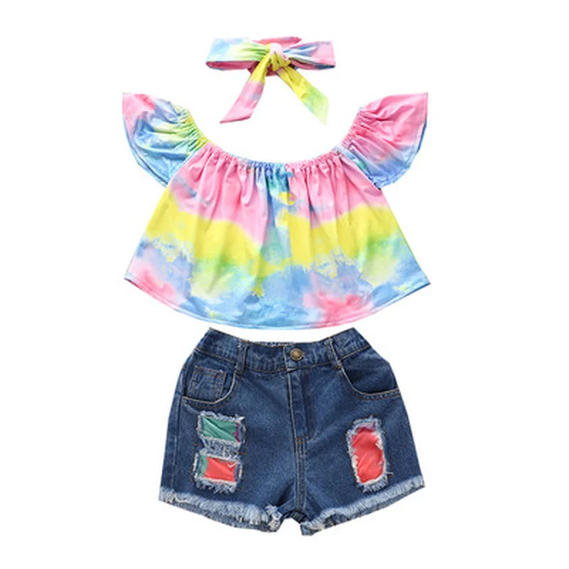 

Girls' summer denim shorts suit 2021 summer new tie-dye blouse ripped pants three-piece suit