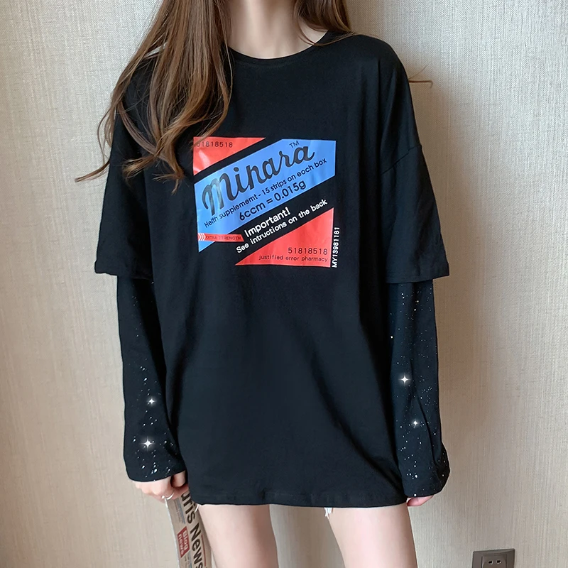 

Letter Print Harajuku T Shirt Women O Neck Patchwork Long Sleeve Oversize Tshirt 2020 Fall Women Tee Shirt Tops Camisetas Mujer