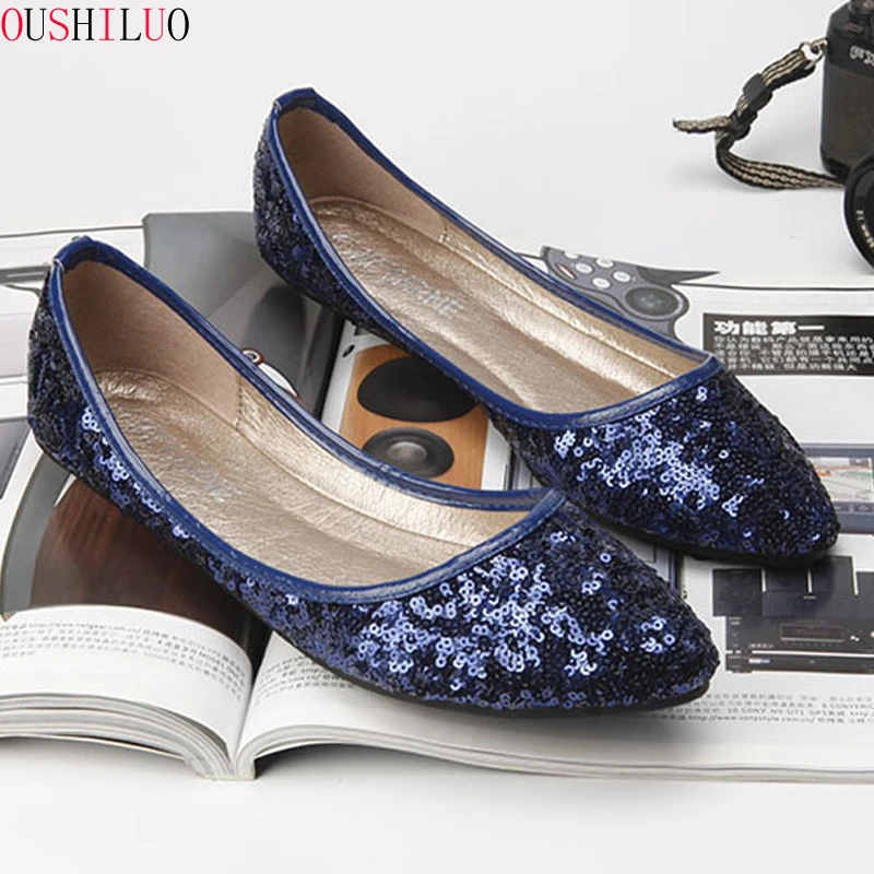 Балетки женские с блестками плоская подошва заостренный носок без застежки