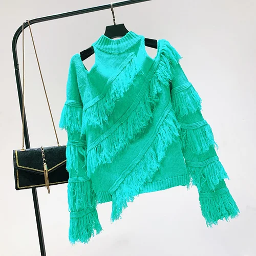 green Neploe Pull Femme осень зима топ с кисточками Джемперы женский свитер с длинным рукавом без бретелек Холтер вязаный пуловер 54614 - Цвет: green