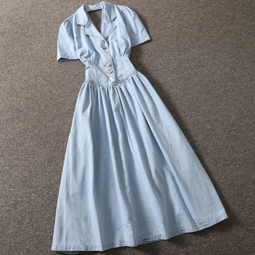 

Женское винтажное джинсовое платье, элегантное ажурное платье с открытой спиной, английским воротником и коротким рукавом, лето