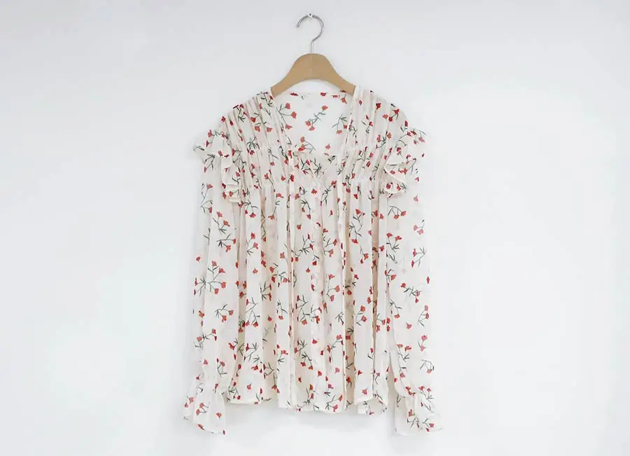 

New plus size Girls Long Sleeve Summer Shirt Floral bow Ruffled Shirts Womens Tops and Blouses Print Chiffon Blouse Women print