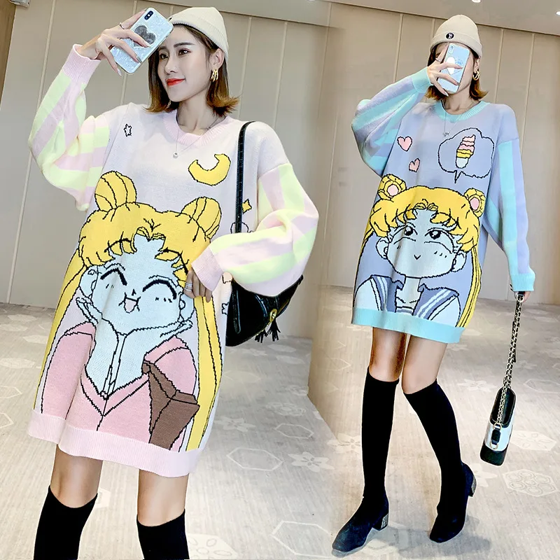 Японский мультяшный свитер Сейлор Мун для женщин Kawaii Прекрасный Большой свитер женский хит цвет трикотаж свитер платье зимний джемпер