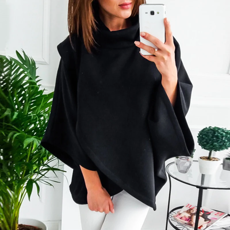 Lady's Sweater Casual Knitted Turtleneck Cloak Batwing Sleeve Solid Color Elegant Autumn Winter for Women AEHQ092 |