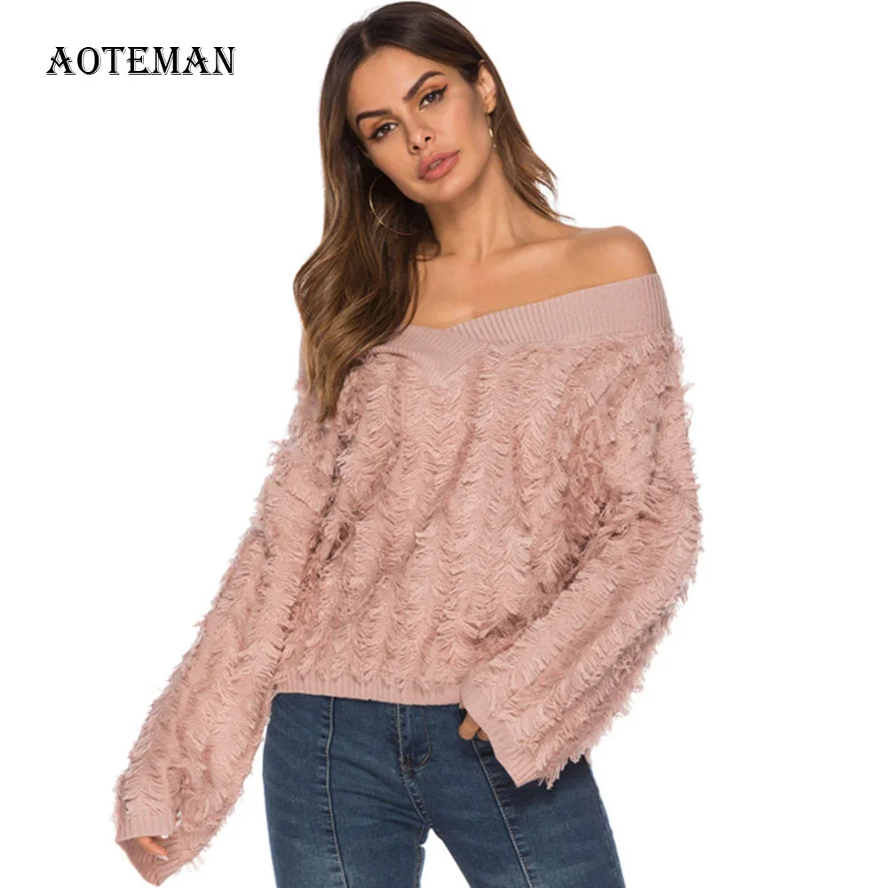 Autumn Winter Sweater Women 2019 Casual Solid Off Shoulder Oversized Tassel Loose V Neck Warm Pullover Knitted Sweaters | Женская одежда