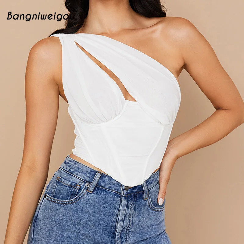 

Асимметричный корсет Bangniweigou с вырезами на одно плечо, майка, Женский бюстье с открытой спиной и рюшами, белые укороченные топы, винтажный жи...