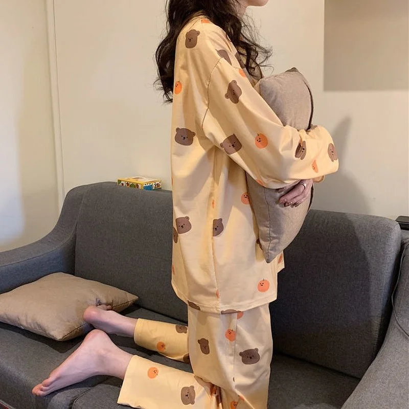 Pajamas for Women's Early Autumn New Long-sleeved Trousers Sleep Wear Cotton Cartoon Cute Spring Thin Sweet Home Service Suit